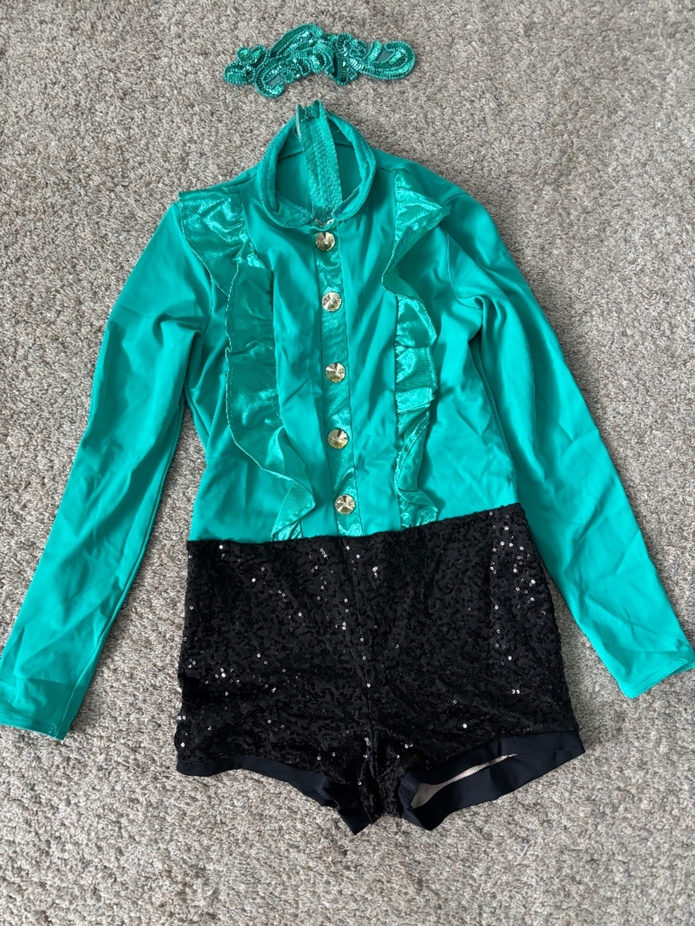 Weissman XL Child teal and black sequined jazz dance costume